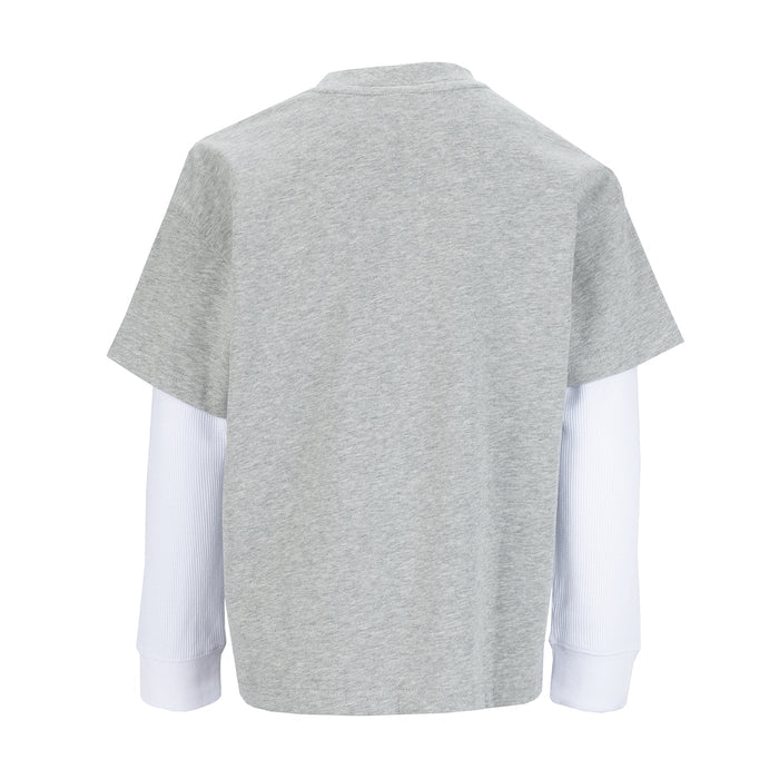 Youth 2-in-1 long sleeve tee, heather gray back with white long sleeves