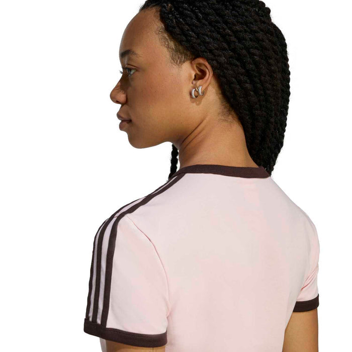 Womens pale pink t-shirt dress back with black-striped neckline and shoulder seams