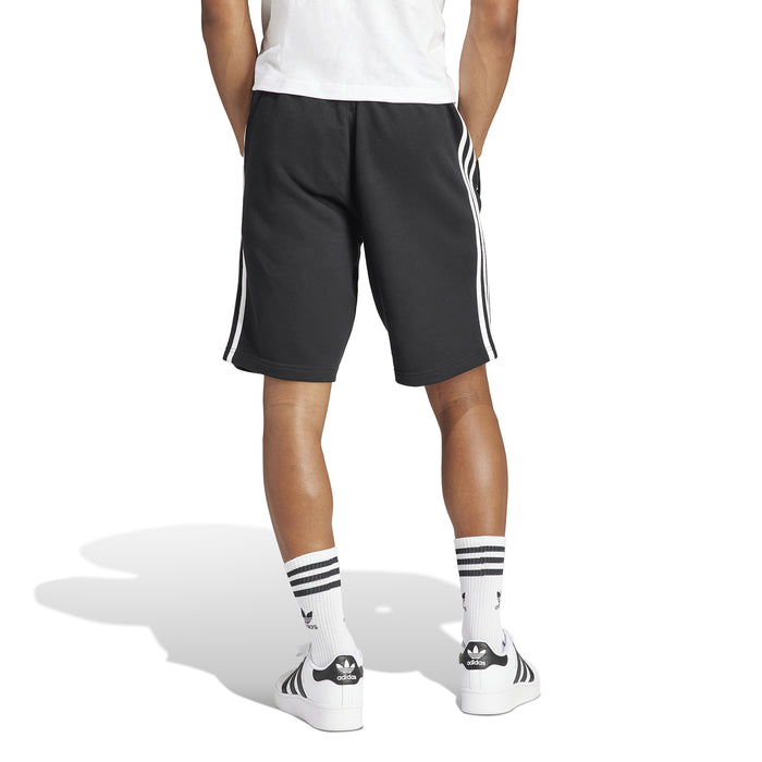 Men's black adidas 3-Stripe shorts, full view with white side stripes