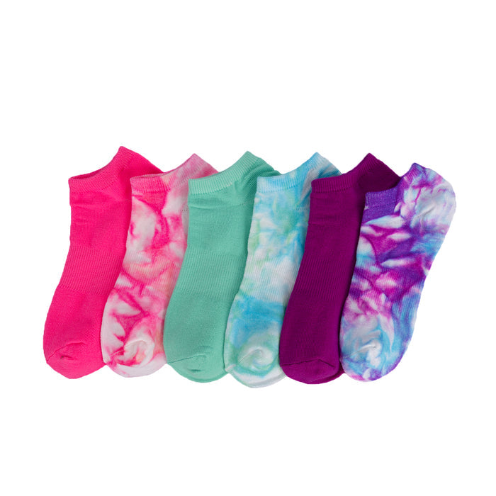 Six-pack medium no-show socks, multi tie-dye assortment with solid pink, mint, purple.