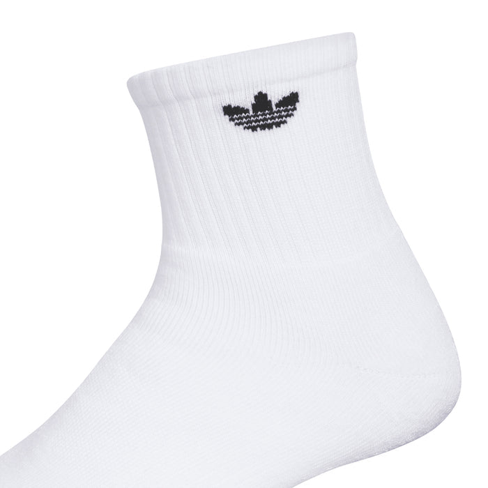 White quarter crew sock with black trefoil logo at the cuff