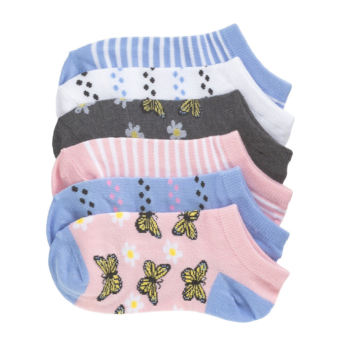 6-pack no-show socks with butterfly print, pastel pink, blue, and stripe tops