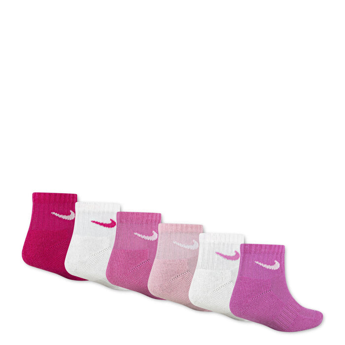 Laid-out 6-pack quarter socks in pink and white with Nike swoosh logos