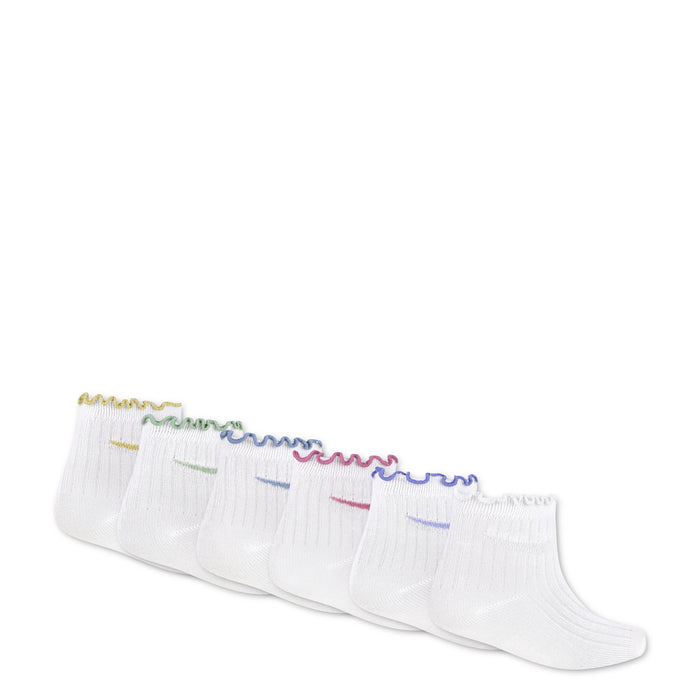 6-pack x-small white ankle socks, lettuce welt with multicolor logo bands, side view