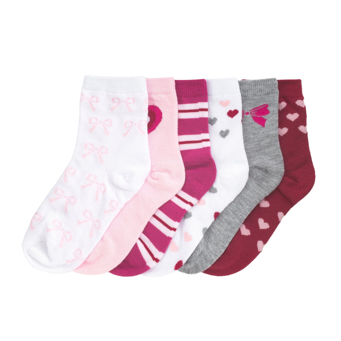 6-pack quarter socks in white, pink, red, and gray with hearts, bows, and stripes