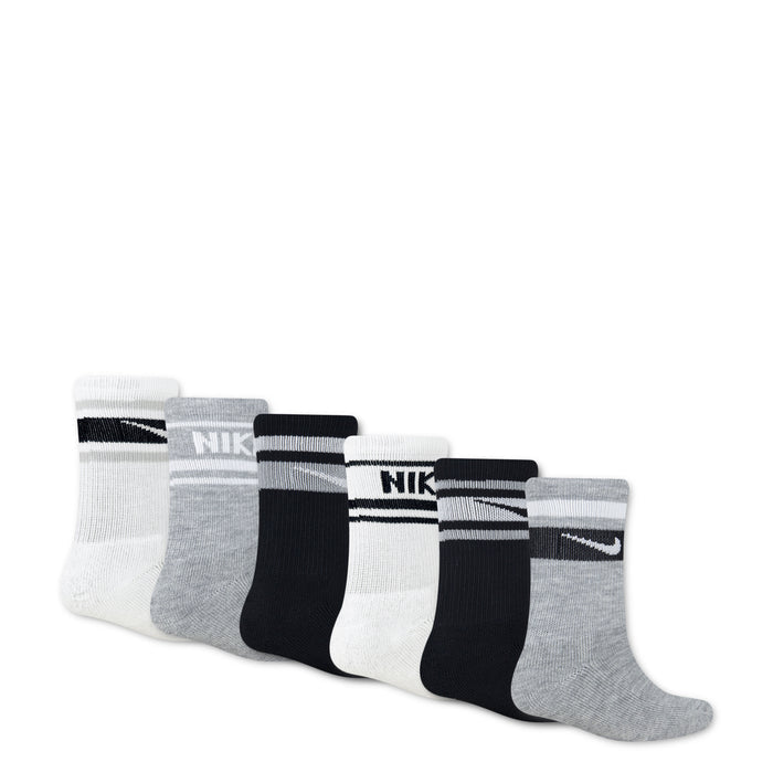 6-pack crew socks in white, grey, and black with striped logo cuffs