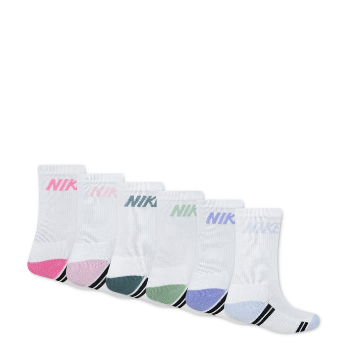 6-pack XXS crew socks, white with pink, green, blue toes and NIKE logo