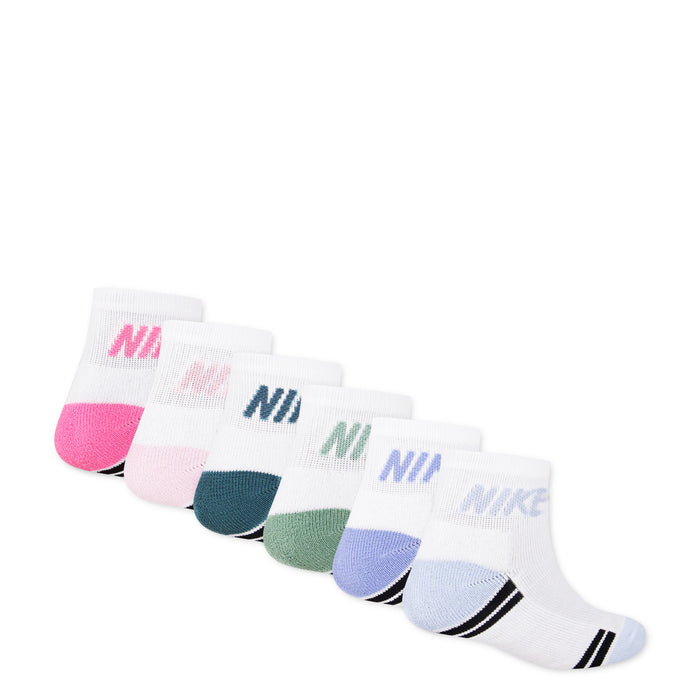 Six-pack quarter crew socks, white with multicolor NIKE logos and striped heel accents