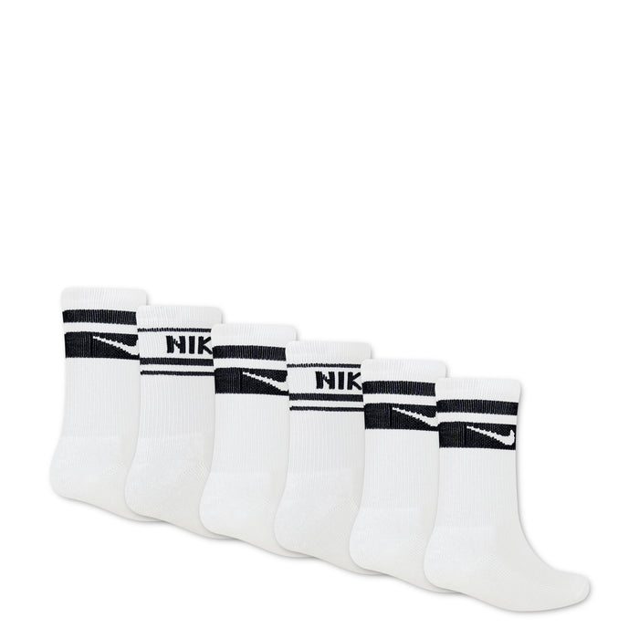 Six-pack crew socks, white with black NIKE stripes and logo text across cuffs