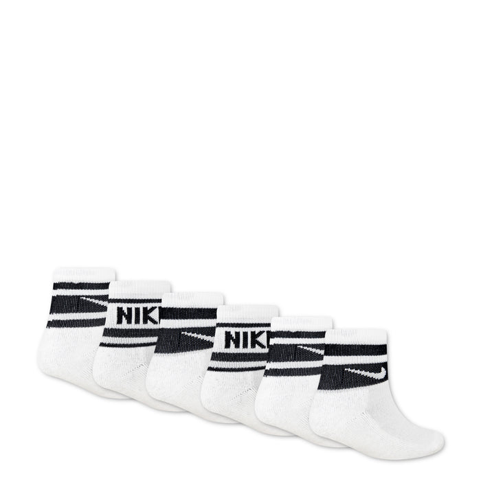 6-pack XXS varsity cushion quarter socks laid out, white with black stripe cuffs and Nike logos