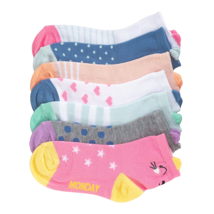 7-pack x-small quarter socks, multicolor with day-of-week and critter prints