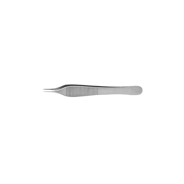 A metallic forceps lies horizontally against a white background.