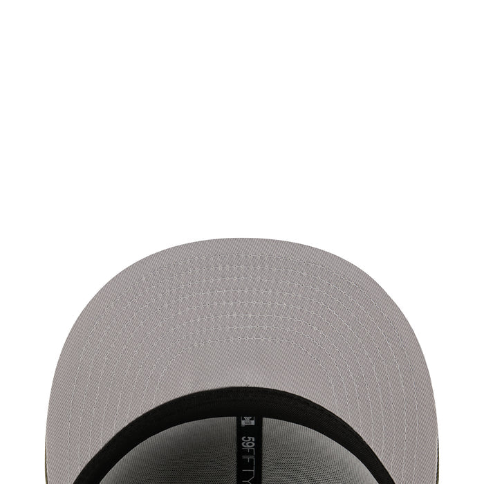 Light gray baseball cap top with stitched crown and black interior band