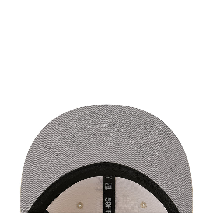 Gray baseball cap with black band and small gold button-style details