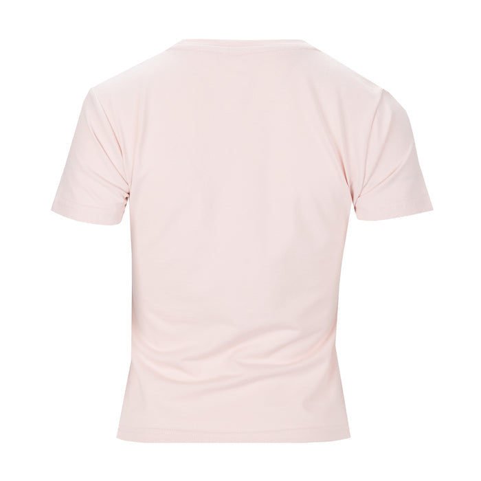 Women's baby tee in primrose light pink, back view with crew neck