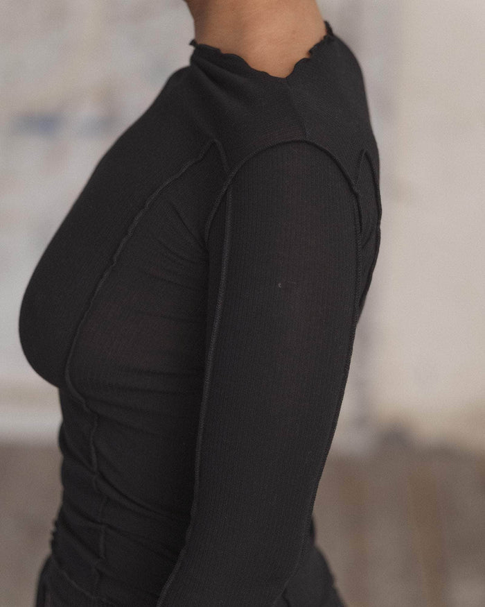 Baserange - T-shirt manches longues noir - Coton biologique côtelé - Tops - TTML-RB-000