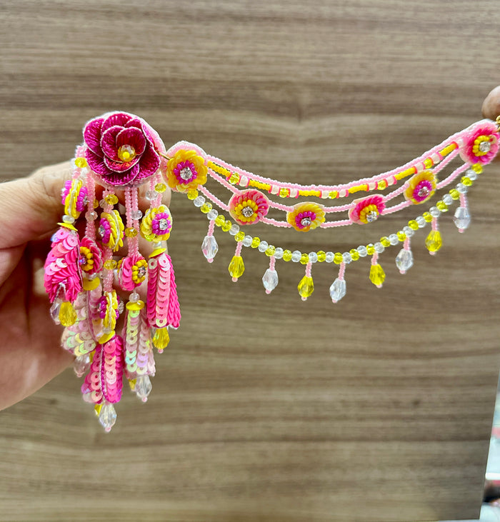Beaded Handmade Jewellery Pink Yellow Earring Tikka Set