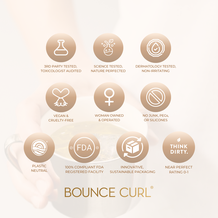 Bounce Curl graphic with nine round badges in a 3×3 grid on a soft peach backdrop.