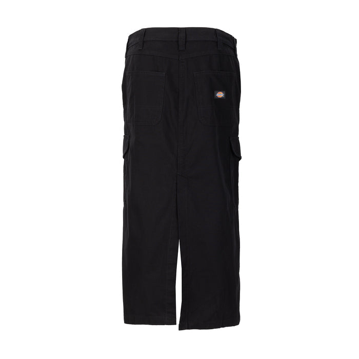 Black canvas cargo skirt for women, back view with patch pockets and logo at pocket.