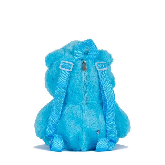 Blue plush backpack back view with two straps and front zipper