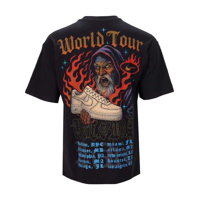 Men's Nike black crewneck T-shirt with 'World Tour' back graphic and fiery portrait