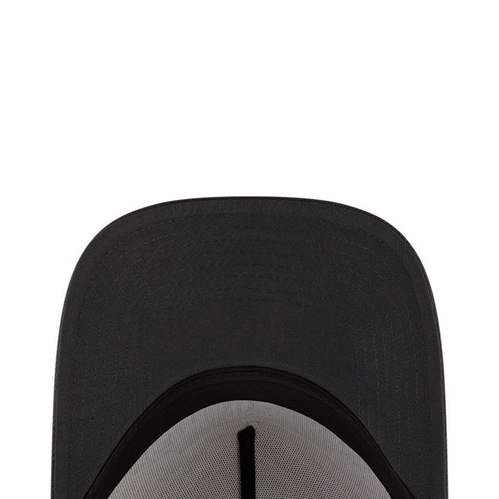 Black baseball cap crown panel underside with circular opening and stitched edge