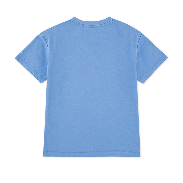 Youth blue tee back view, plain crew neck short sleeve