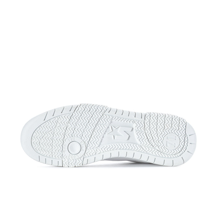 Men's white low-top sneaker outsole with traction tread and logo mark