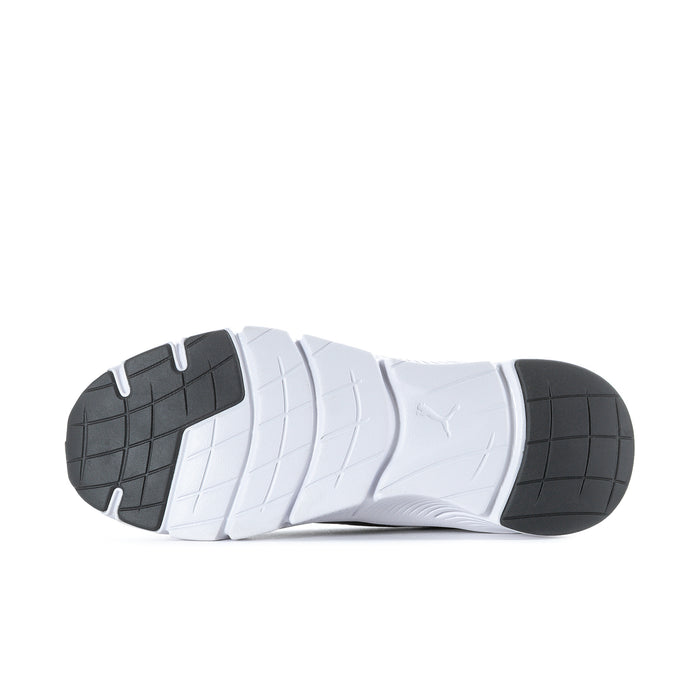 Men's white running shoe outsole view with black tread pads