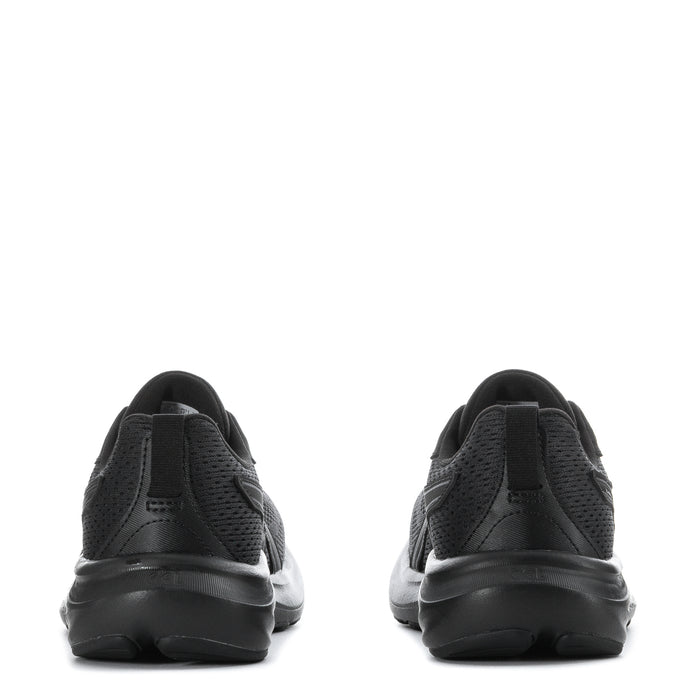 Black women's running shoe back view, cushioned heel and rear cushioning detail