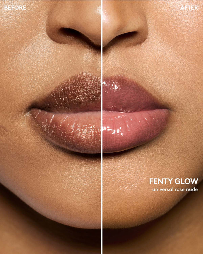 before and after of medium skin toned model wearing gloss bomb color drip lip cream in shade fenty glow