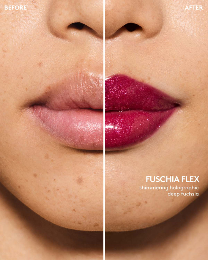 before and after of light skin toned model wearing gloss bomb universal lip luminizer in shade fuchsia flex