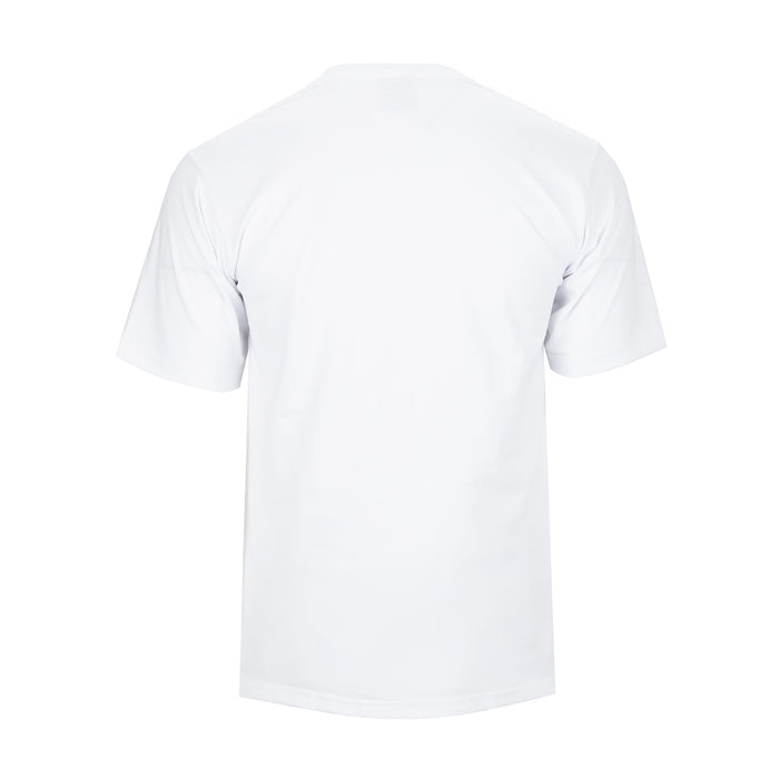 Men's white crew neck T-shirt, back view with short sleeves
