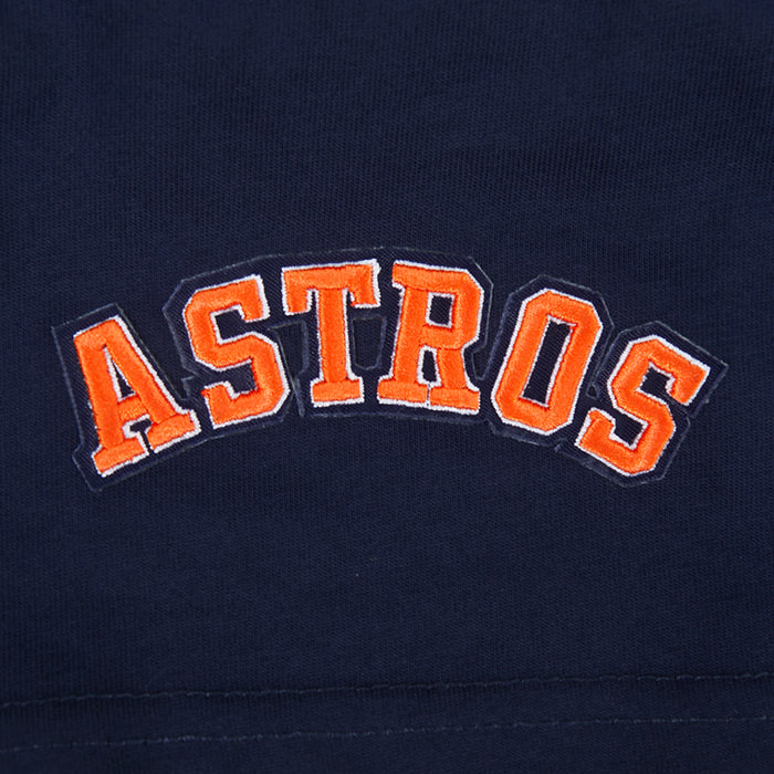 Navy Houston Astros tee close-up: orange and white ASTROS wordmark