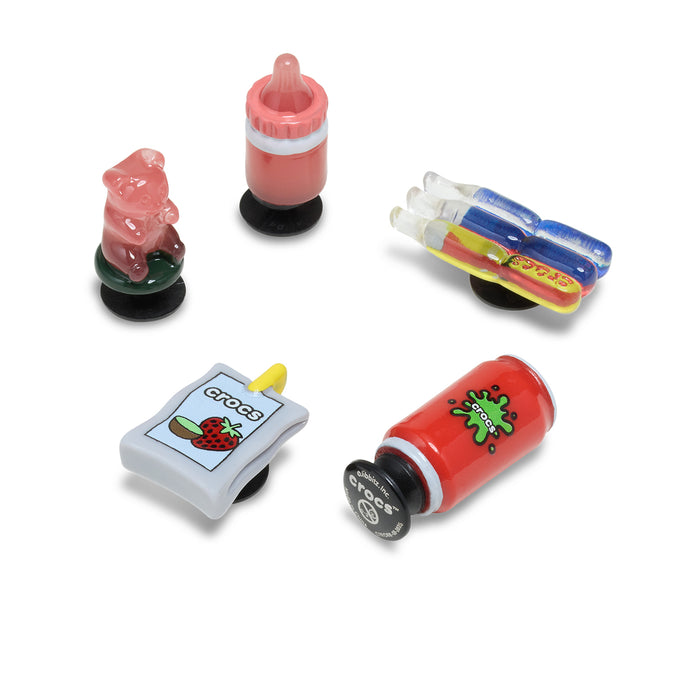 Five snack Jibbitz charms: red, pink, and colorful drink and fries designs