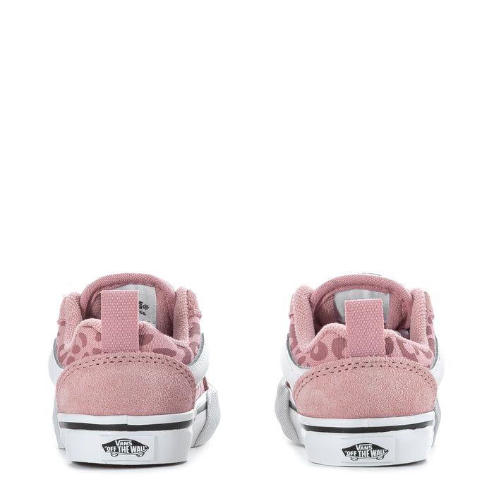 Toddler sneakers back view in dusty pink suede with white midsoles and heel tabs