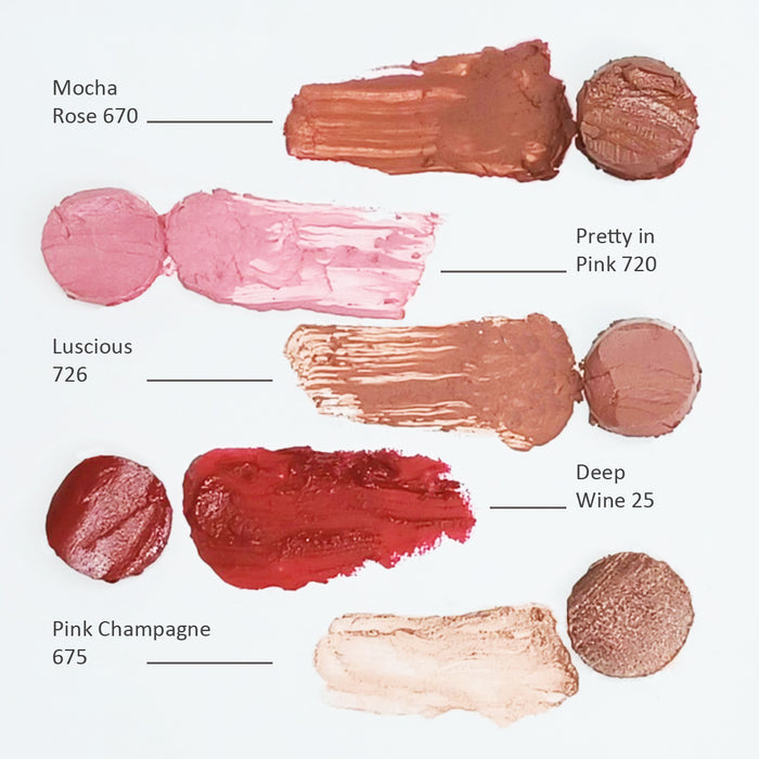 Swatches of five Demure lipsticks, including Luscious color 726