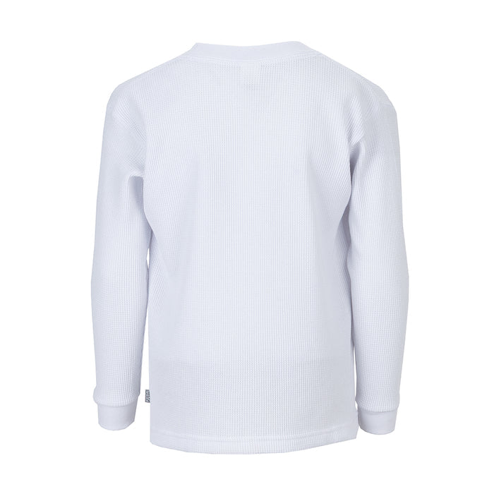 Youth white thermal long-sleeve shirt, crew neck, ribbed cuffs, back view