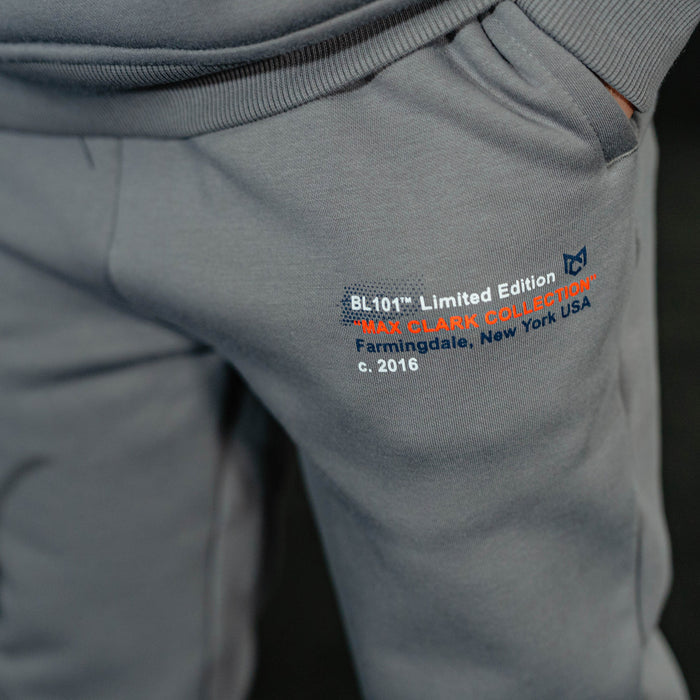 Youth model wearing gray Max Clark youth sweatpants