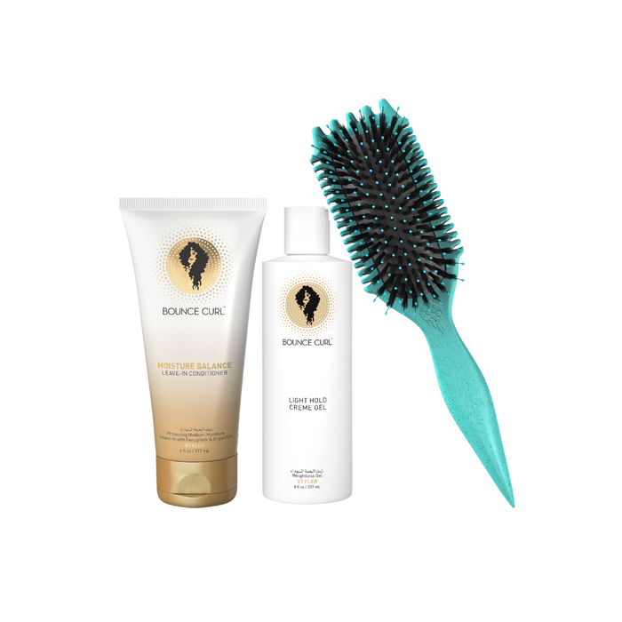 Bounce Curl Max Volume Bundle with Moisture Balance Leave-In Conditioner, Light Hold Creme Gel, and Teal EdgeLift Brush