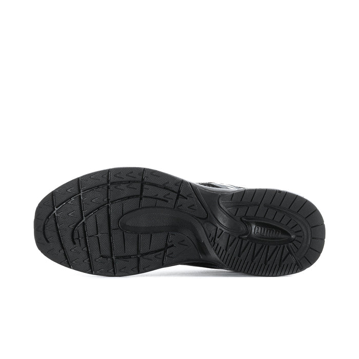 Men's Puma running shoes, outsole view, black rubber tread with logo detail