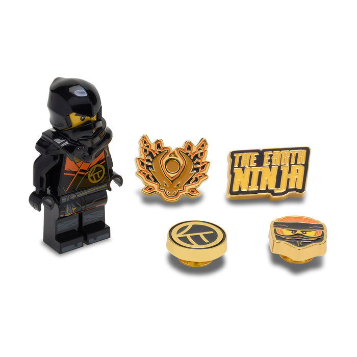 5 LEGO NINJAGO Jibbitz charms: ninja minifigure, crest, Earth Ninja logo, gold emblem, mask