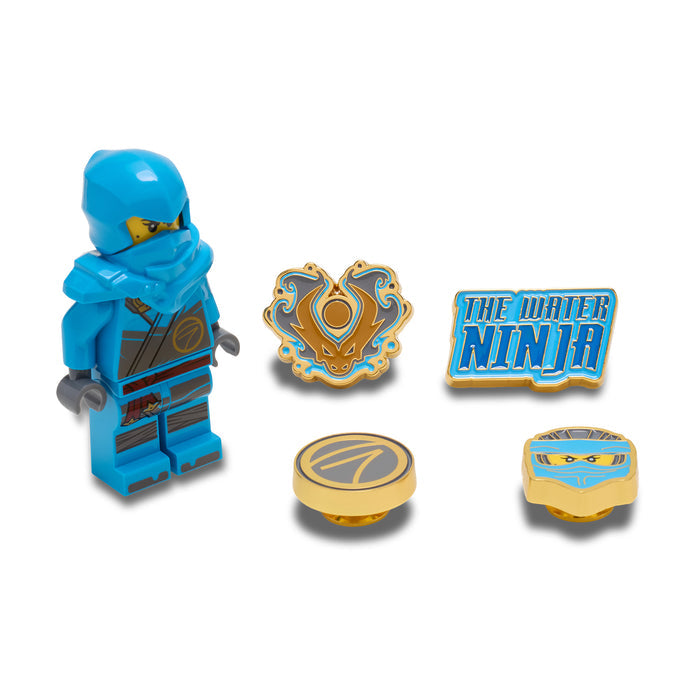 Blue-and-gold LEGO Ninjago Nya Jibbitz charm set with 5 emblems and character figure.