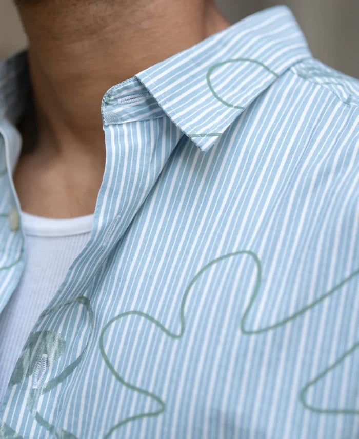 Powerlook Blue Abstract Stripe Print Cotton Shirt