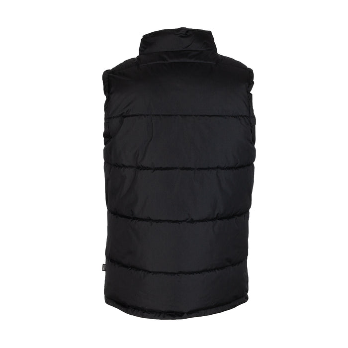 Black men’s puffer vest back view with quilted baffles and stand collar.