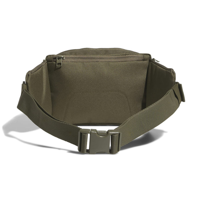 Olive crossbody bag back view with top zip closure and adjustable strap