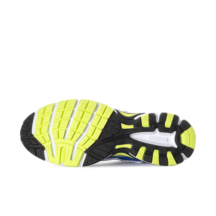 Men's running shoe outsole view with black tread and neon green traction areas