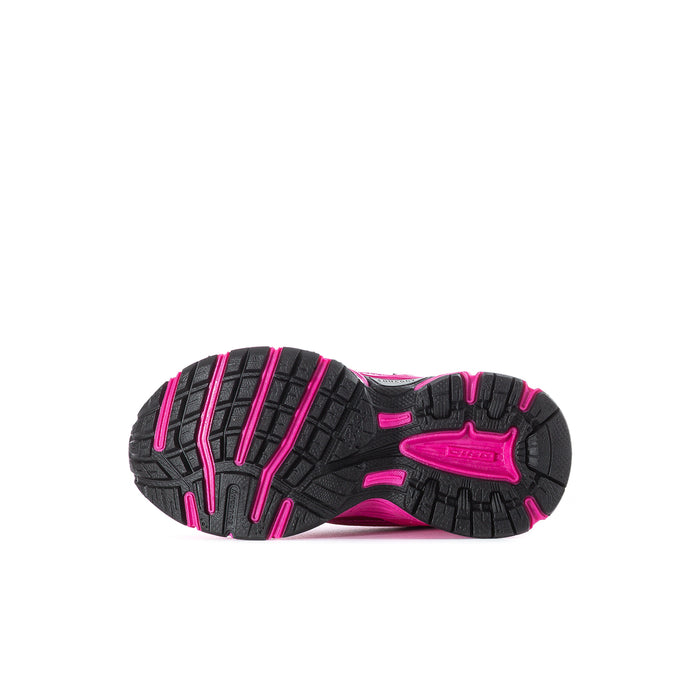 Toddler pink athletic sneakers, outsole tread view with pink accents