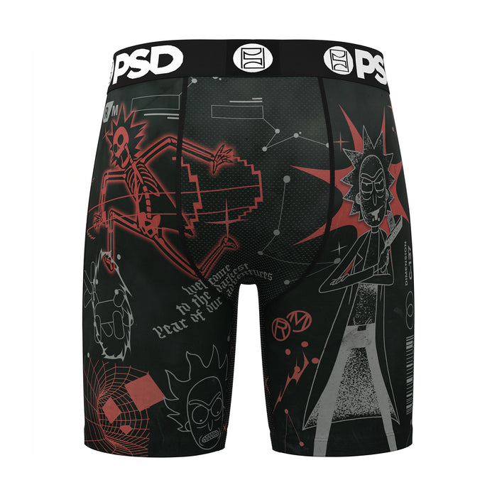 Men's black boxer shorts with red character and gray panel art, PSD logo waistband