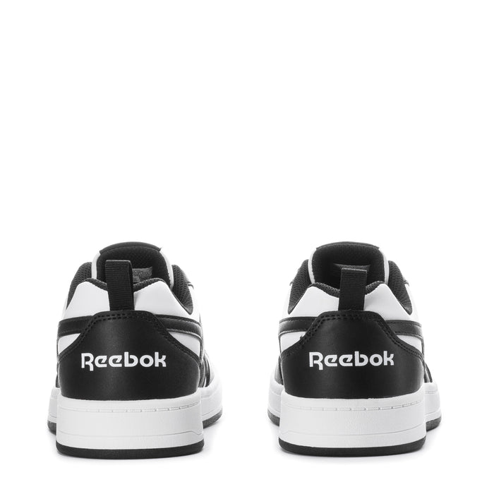 Youth Reebok sneakers heel view, black uppers with Reebok branding and white midsole